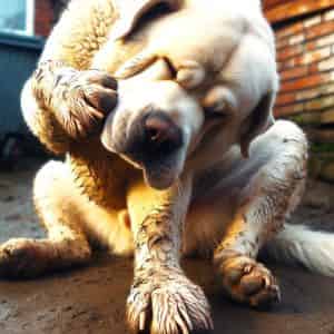 PERRO BEIGE RASCANDOSE LA CARA SARNA EN PERROS